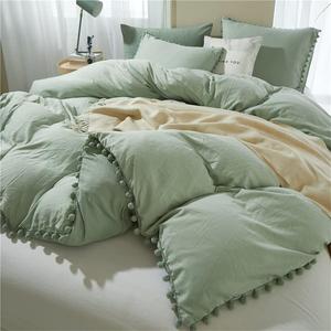 IHOUSTRIY 3 Pieces Duvet Cover Set Bedding Ball Fringe Pattern Design Soft Dark Sage Green Bedding Sets 1 Duvet Cover 2 Ball Fringe Pillow Shams - Queen, Green