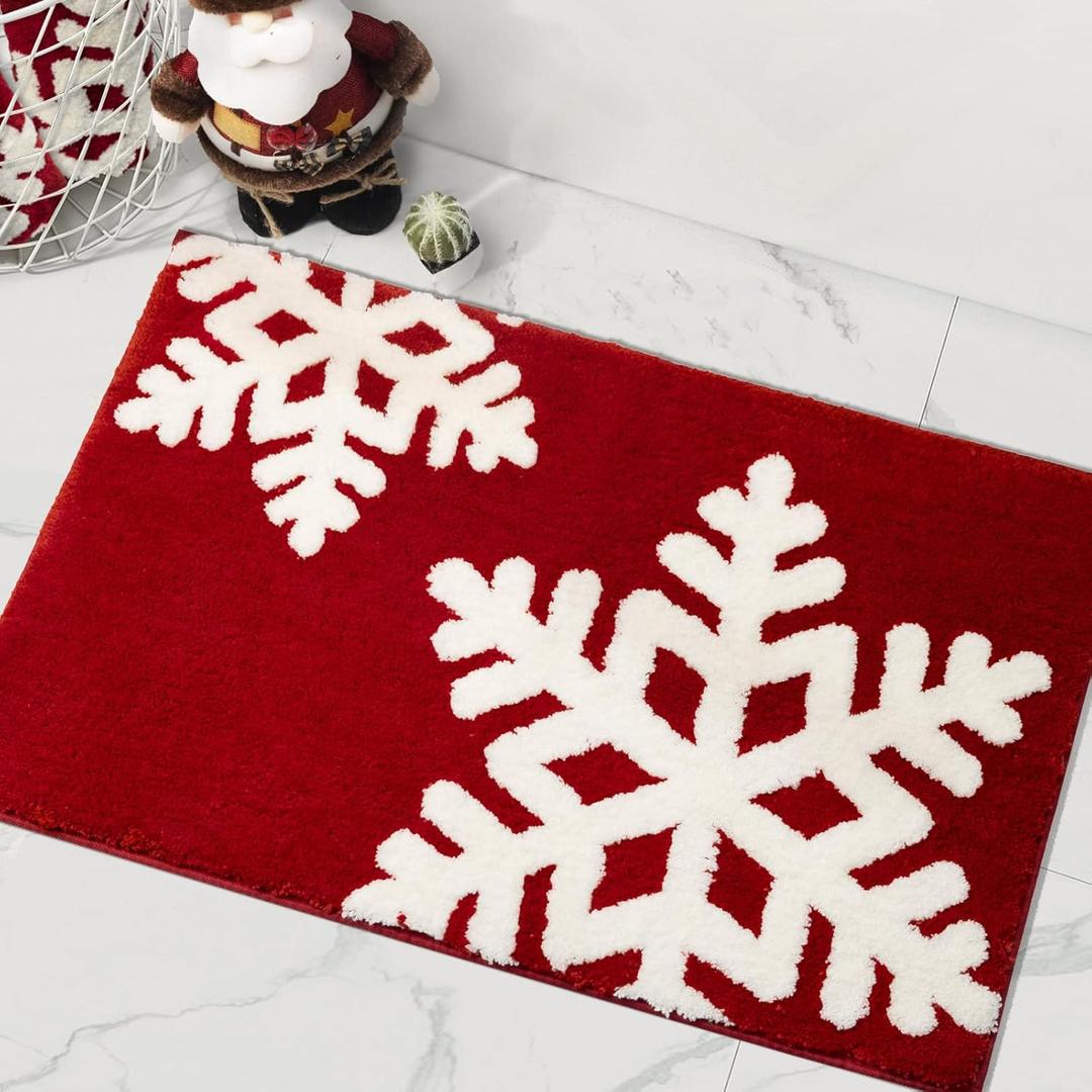 Christmas Bathroom Decor Red Bathroom Rugs Cute Bath Mat Non-Slip White Snow Christmas Home Decorations Microfiber Absorbent Shower Rug for Bathtub, 20x32