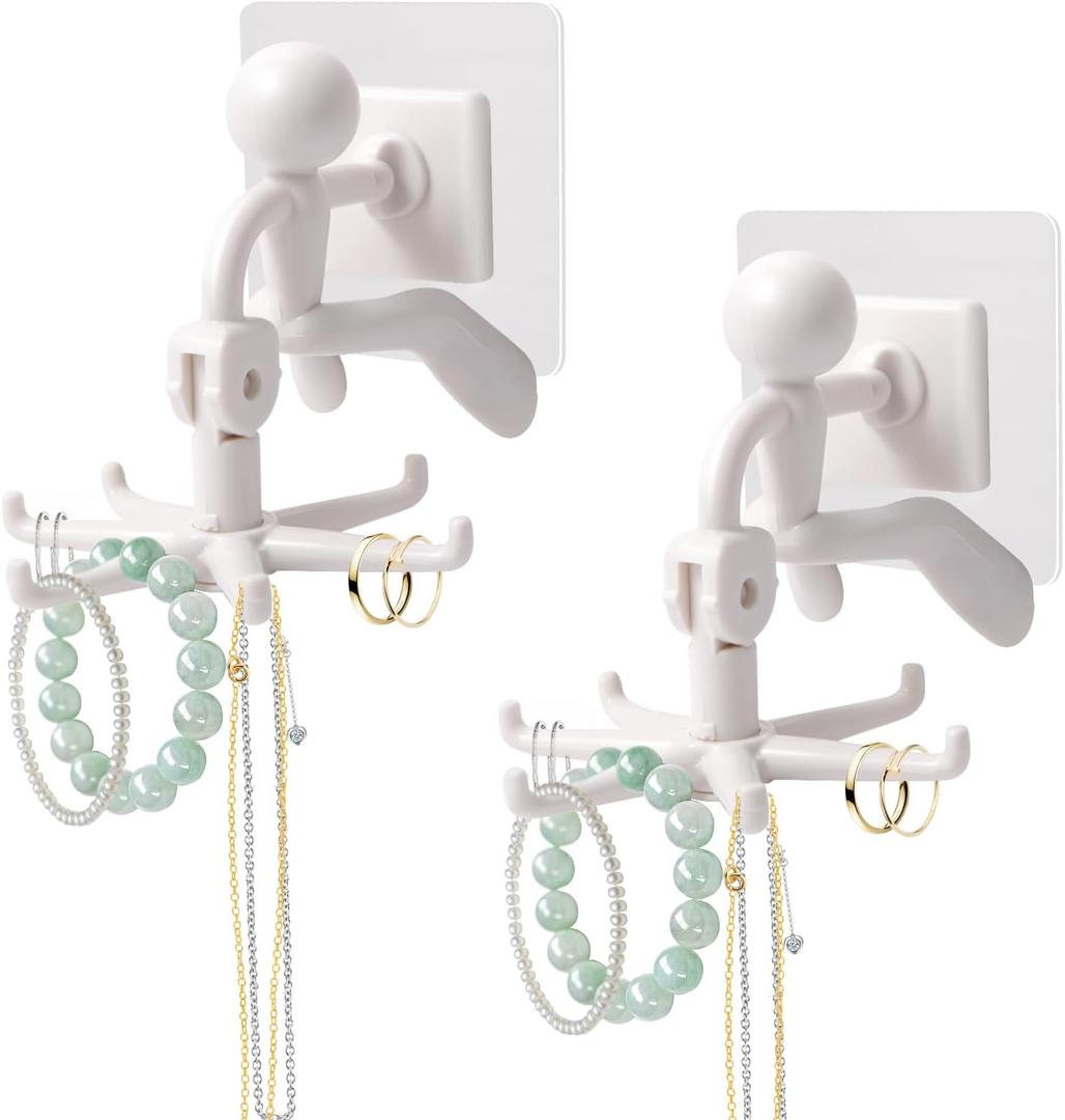 2 x 2 PCS 360Rotating Hanging Jewelry Organizer for Storage Necklace, Bracelets, Watches, Rings, Self-Adhesive Necklace Holder Organizer for Wall, Closet and Door, Bathroom, White