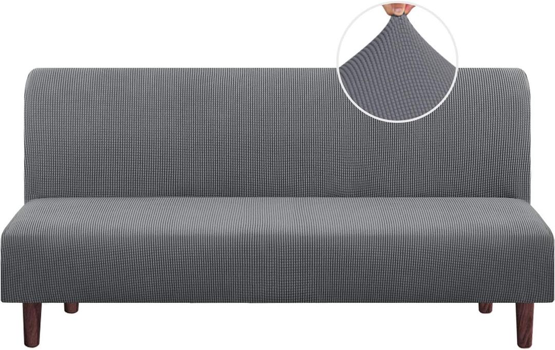 PrinceDeco Stretch Armless Futon Cover Futon Slipcover Full Queen Couch Cover Futon Sofa Bed Cover Furniture Protector with Elastic Bottom, Machine Washable, Gray (Grey)