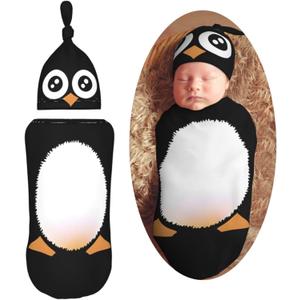 Cute Penguin Newborn Swaddle Blankets Hat Sets Soft Baby Receiving Blanket Swaddle Sack for Baby Shower Infant Boy Girl Gift One Size