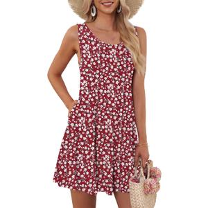 AUSELILY Women's Summer Dress Sleeveless Floral Mini Dresses with Pockets Bohemian Dress 2025 New (Red, XXXL)