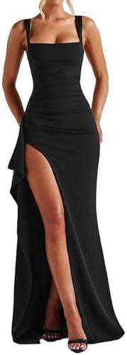 ABYOVRT Women Formal Dresses Sleeveless Bodycon Ruched High Slit Sexy Maxi Dress Cocktail Prom Size Small