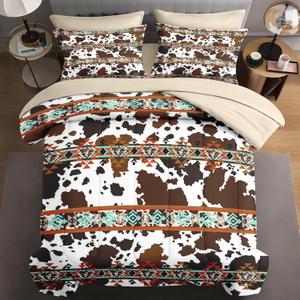 7 Pcs Full Size Comforter Set with 2 Pillowcases & 2 Shams, Cow Brown Cowhide Bedding for Kids and Adults, Vintage Retro Animal Bed in a Bag with Flat Fitted Sheet