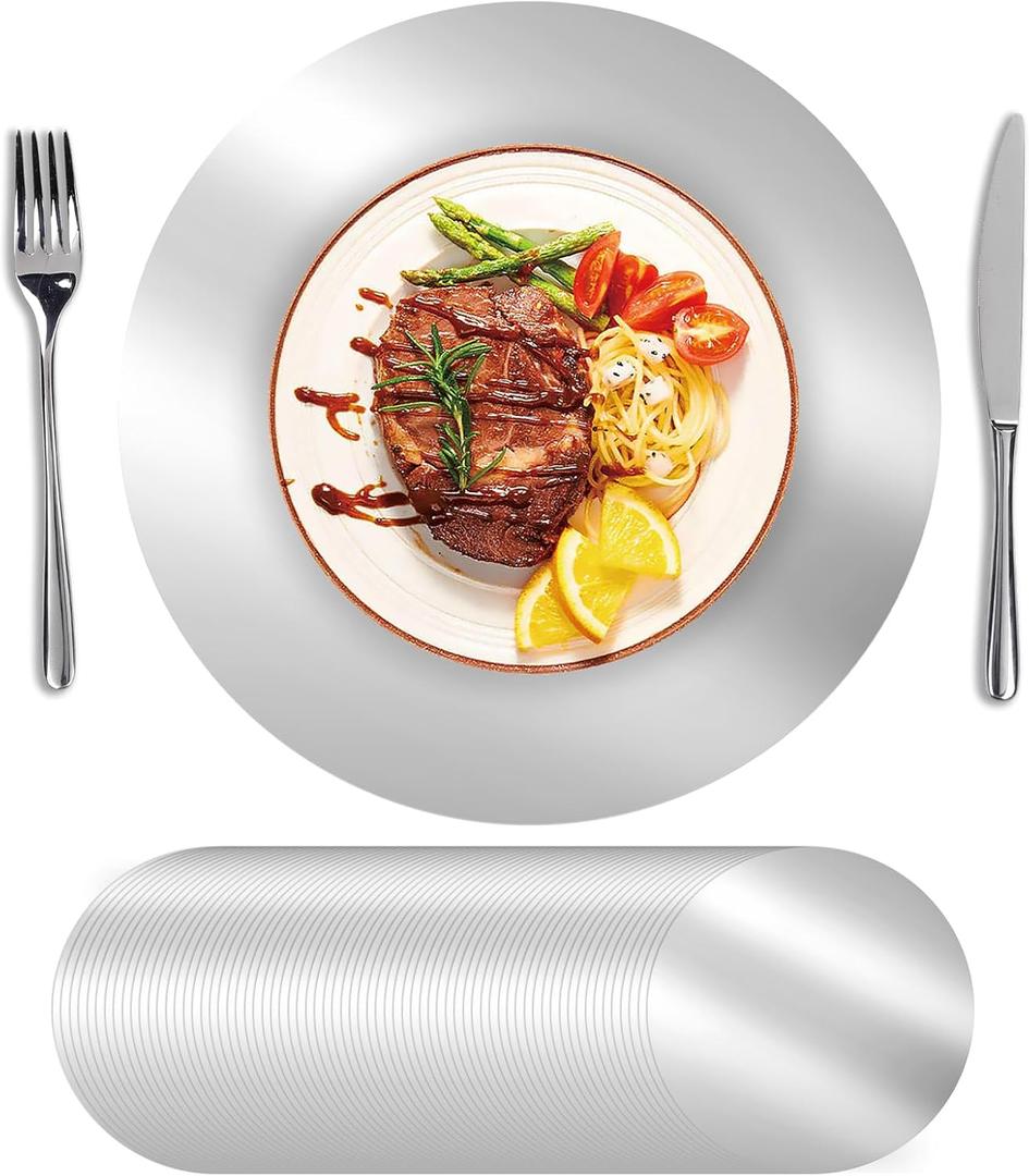 SHACOS 100Pcs Disposable Paper Placemats Shiny Silver, 13" Round Place Mats Dining Table Paper Charger Table Mat for Christmas Dinner Party Wedding Birthday Banquet Table Setting Decor