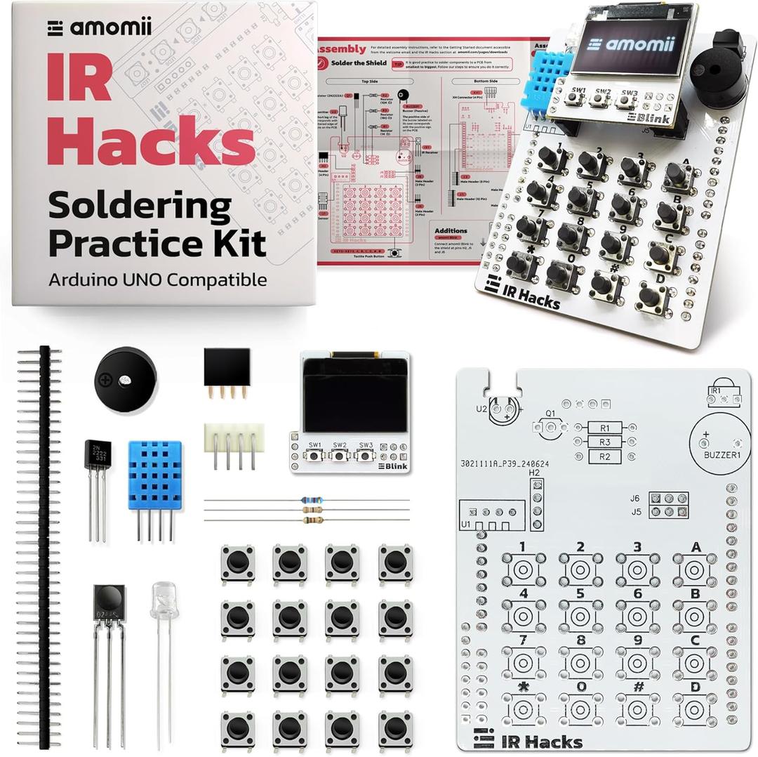 amomii IR Hacks - Soldering Practice Kit for Arduino UNO, Infrared Technology Shield with OLED Screen, Keypad, IR Sensors, DIY Electronics Project for Adults and Teens