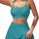 AI'MAGE High Waisted Bikini Sets Tummy Control Two Piece Swimsuit Scoop Neck Bathing Suit Sporty Padded with Skirt (Medium, Dark Green Blue)