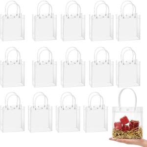 woric Clear Gift Bags with Handles, 15 PCS Small Plastic Party Favor Bags Reusable Transparent Gift Wrap Goodie Bag Bulk for Mother's Day Weddings Birthdays 5.9"x5.1"x2.75"