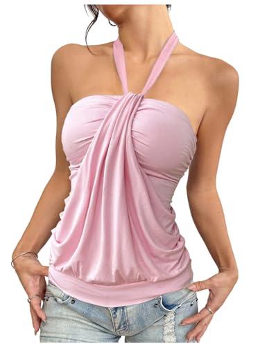 Milumia Women Ruched Halter Top Backless Knot Front Sleeveless Casual Going Out Tank Tops Pink Large