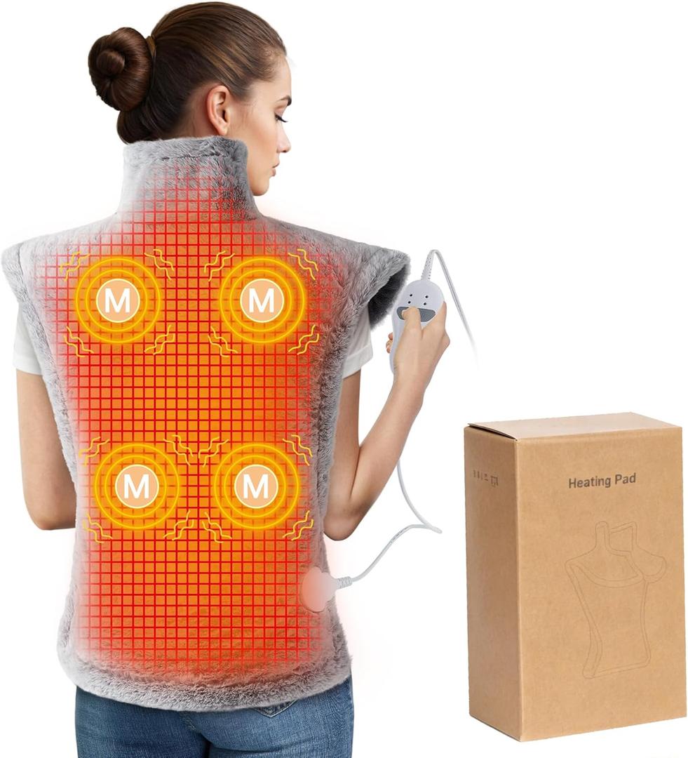 Massaging Heating Pad for Neck and Shoulders and Back, Large Electric Heating Pad for Back Pain Relief with 3 Heat Levels, 4 Massage Settings, 4 Massage Motors (Grey)