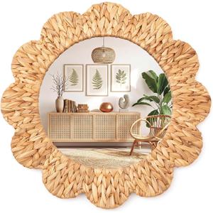 Sintuff Boho Wall Mirror Decorative, Handwoven Water Hyacinth, 24 Inch