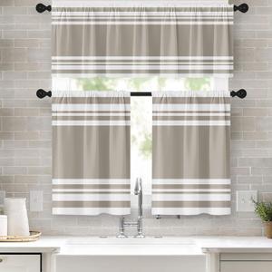 Taupe Kitchen Window Curtains Valance and Tier Set 36 Inch, Striped Abstract Rod Pocket Short Tier Curtain for Bathroom, Modern Small Cafe Drapes for Kitchen Decor
