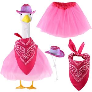 Lyreh Western Cowboy Porch Goose Outfit Set, Cowgirl Goose Clothes Costume Hat Bandana & Tutu Skirt for 23" Lawn Statue Outdoor Decorations Garden Yard Patio Decor (Rose Red)