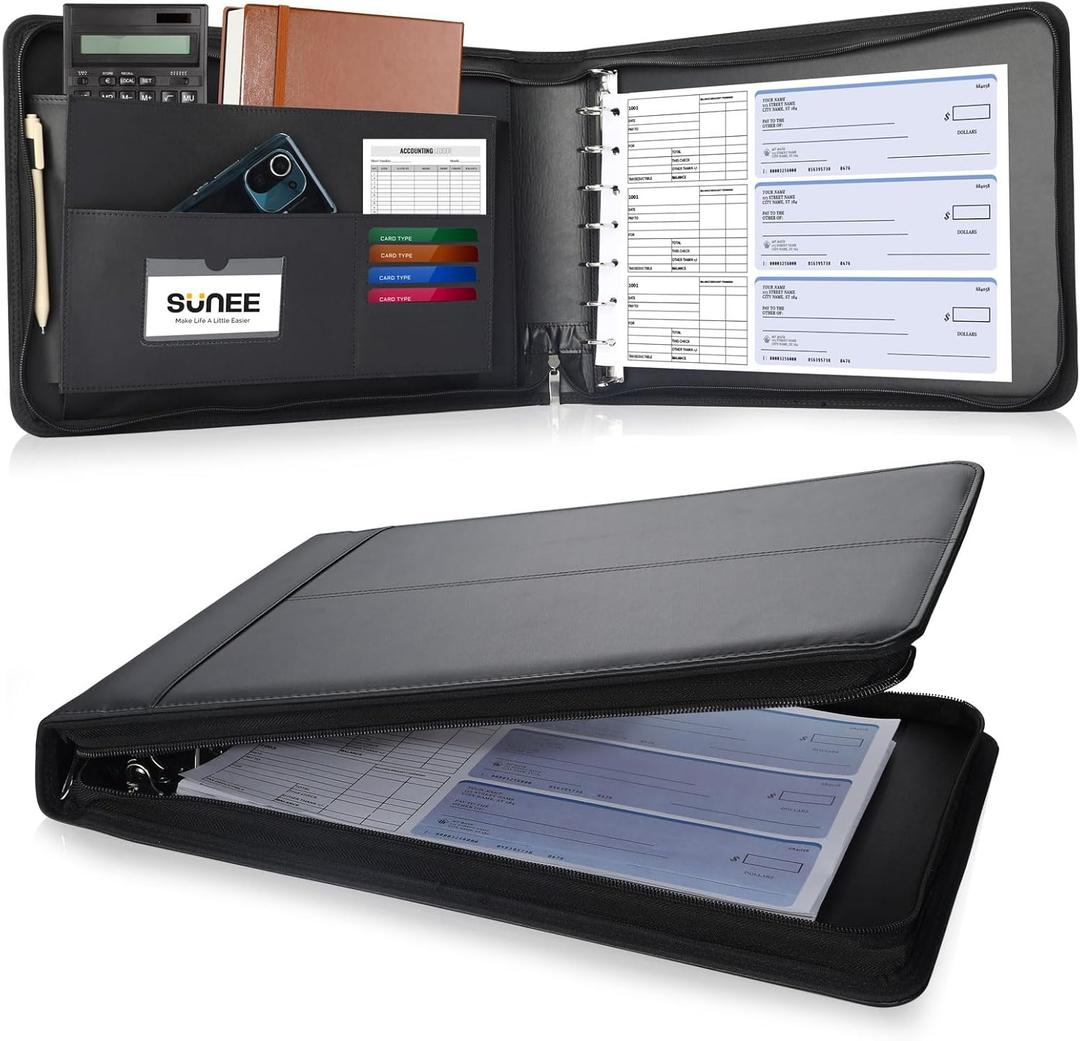 SUNEE Zippered Business Checkbook Binder 7 Ring 1 Inch with Zipper for Business Checks (9" x 13"), PU Leather 7 Ring Check Binder for Business Checks Holds 600 Checks Capacity for Executive Supplies