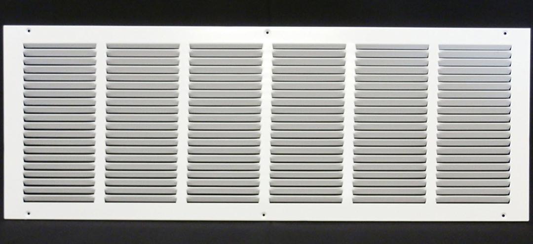 HVAC Premium 30'' x 10'' [Duct Opening] Flat Stamped Steel Return Air Grille - Sidewall and Ceiling - HVAC Vent Duct Cover - White [Outer Dimensions: 31.75''w X 11.75''h]