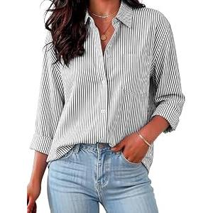 JMITHA Wrinkle Free Black and White Striped Shirt Women Button Up Blouse Long Sleeve Office Work Basic Tops with Pocket (Large, Black Stripe)