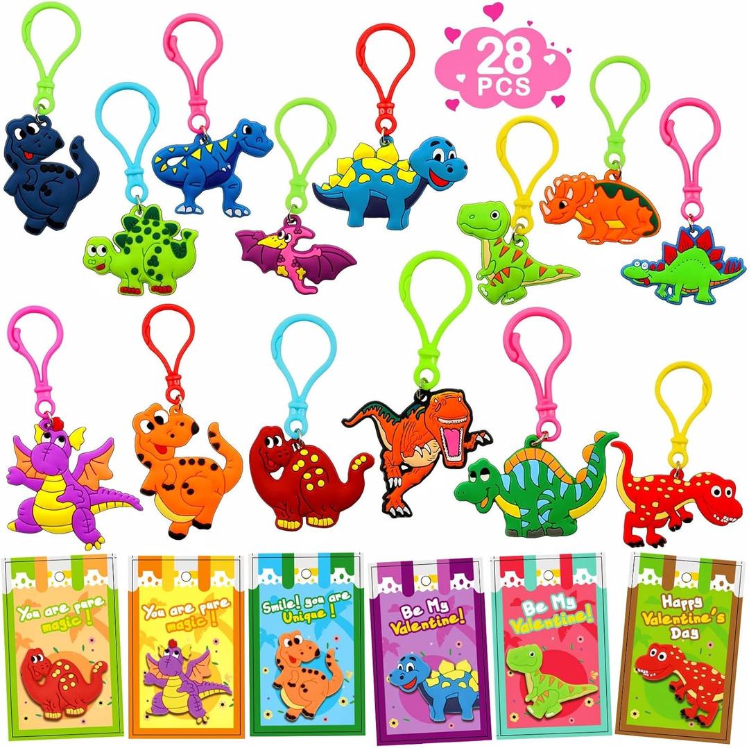 28 Pack Valentines Gifts Card with Dinosaur Keychains, Valentines Day Gifts For Kids Dinosaur Valentines Day Cards Bulk for Kids Boy Girl Classroom School Exchange Prize Party Favors