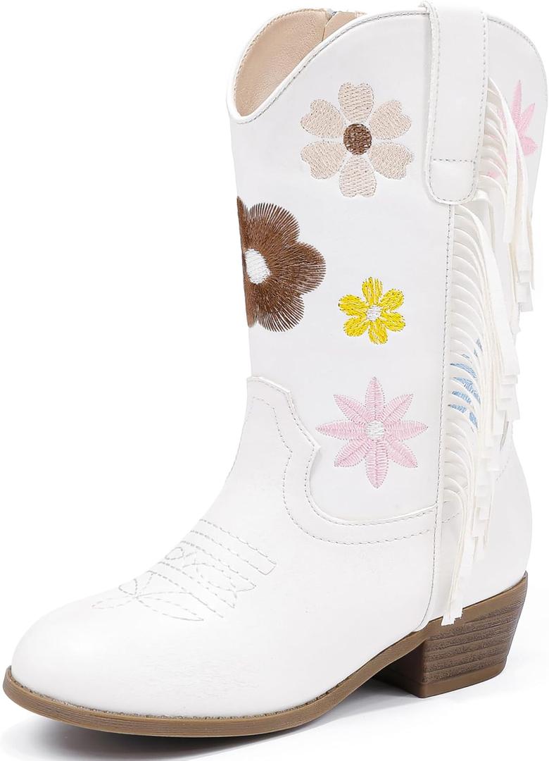 Girls Cowboy Boots Toddler Cowgirl Floral Embroidered Fringe Little Kids Western Boots Girl Riding Boot Birthday Party (4 Big Kid, White)