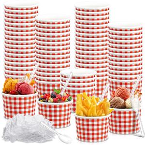 Tessco for you 100 Pack 12oz Christmas Ice Cream Cups with Plastic Spoons Red and White Checkered Snack Bowls Paper Plaid Cups for Hot Soup Snacks Fruits Christmas Party Supplies(Red)