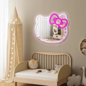 Cute Cat Neon Sign 19 * 16.1in Anime Cute Cat Neon Light up Mirror Kawaii Neon Sign Room Decor for Girl's Room Bedroom Birthday Halloween Christmas Gift
