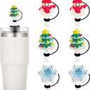 2 x 6Pcs Christmas Straw Covers, Glow in The Dark Xmas Straw Toppers Snowman Snowflake Christmas Tree Straw Tips Lids Reusable Silicone Straw Cover Caps 10mm Christmas Topper Set for Stanley Decorations