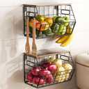 Delamu Stackable Metal Fruit Basket with Wood Lid 2 Pack, Hanging Wall Organizer for Kitchen Counter, Pantry Storage for Onions, Potatoes, Garlic, Fruits, Spices, Black