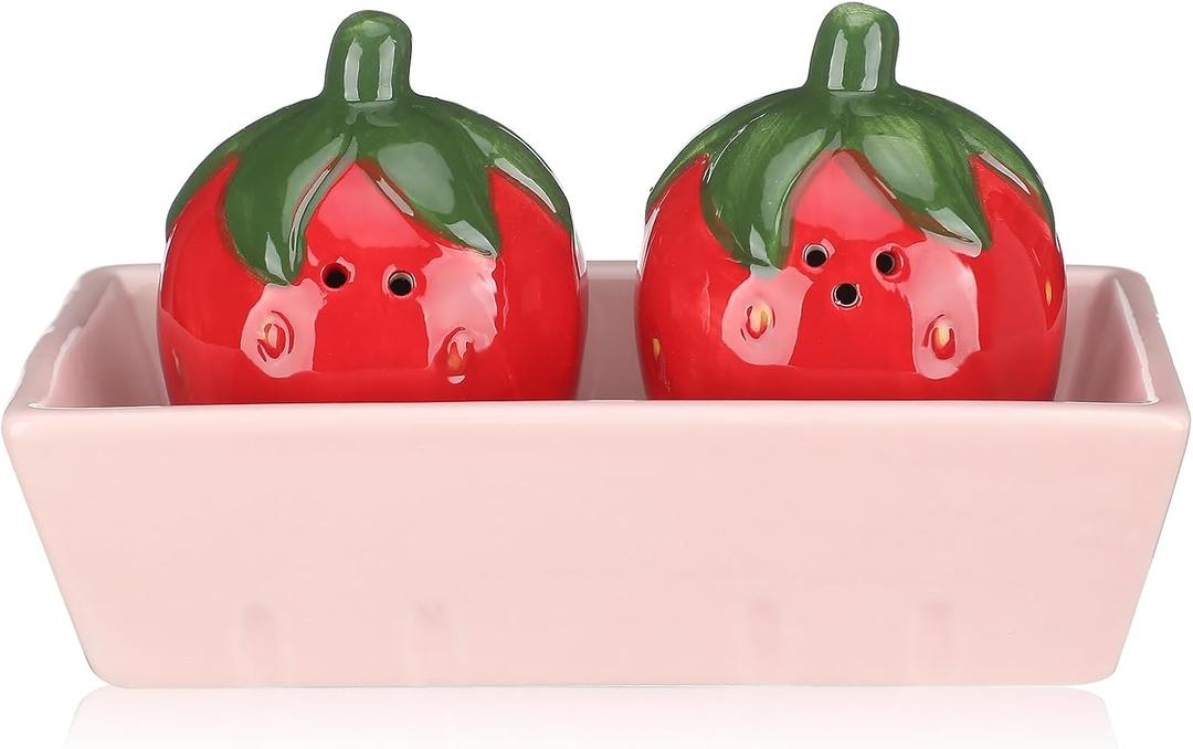 3 Pcs Strawberry Salt and Pepper Shakers Set, Cute Salt and Pepper Shakers with Pink Tray Funny Ceramic Spice Dispenser Storage Canisters for Housewarming Kitchen Table Supplies