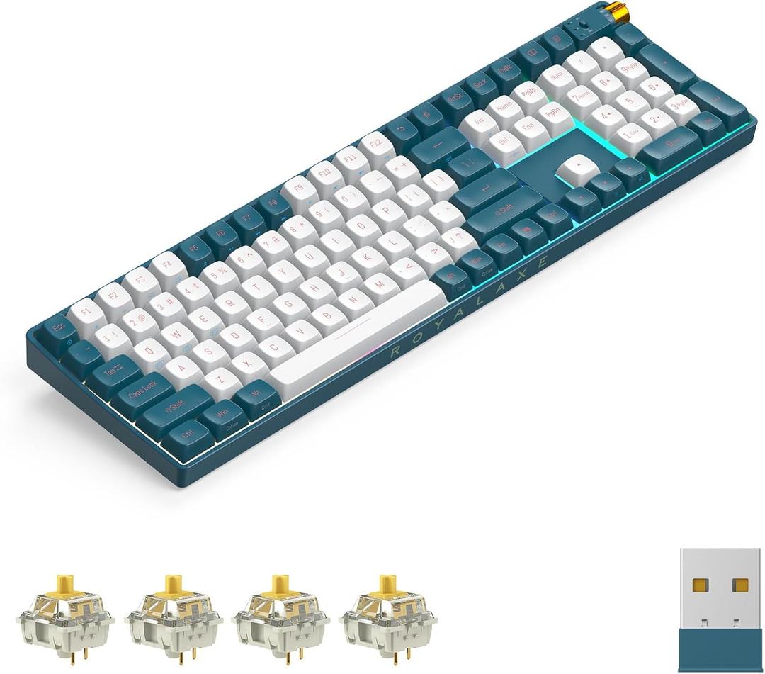 R108 Wireless Mechanical Keyboard, Gateron G Pro 3.0 Yellow Switch, Hot Swappable Wired/Bluetooth/2.4G Wireless Keyboard with RGB Light for Windows & Mac, PBT Keycaps, Whale Blue (109 Keys)