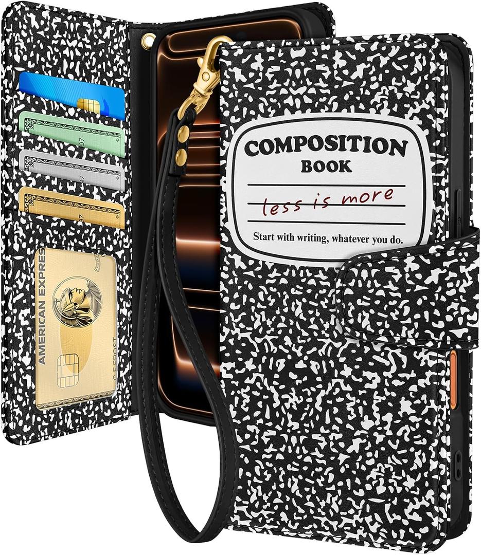Toycamp for iPhone 17 Pro Max Wallet Case with Wrist Strap - Leather Flip Folio Phone Case with RFID Blocking 4 Card Holder for Apple for iPhone 17 Pro Max Funda Cute Aesthetic for Women, Notebook