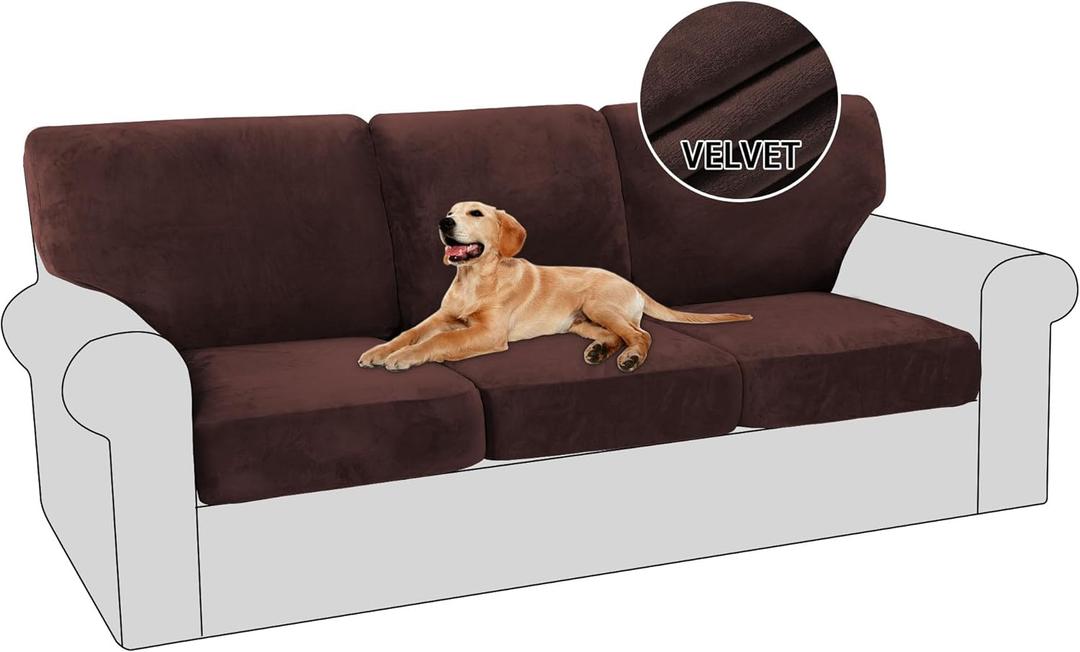 PrinceDeco 6 Piece Luxury Thick Velvet Sofa Covers3 Base Cover Plus 3 Seat Cushion Covers Couch Covers for 3 Cushion Couch Sofa Couch Cover for Dogs, Machine Washable(Sofa, Brown)