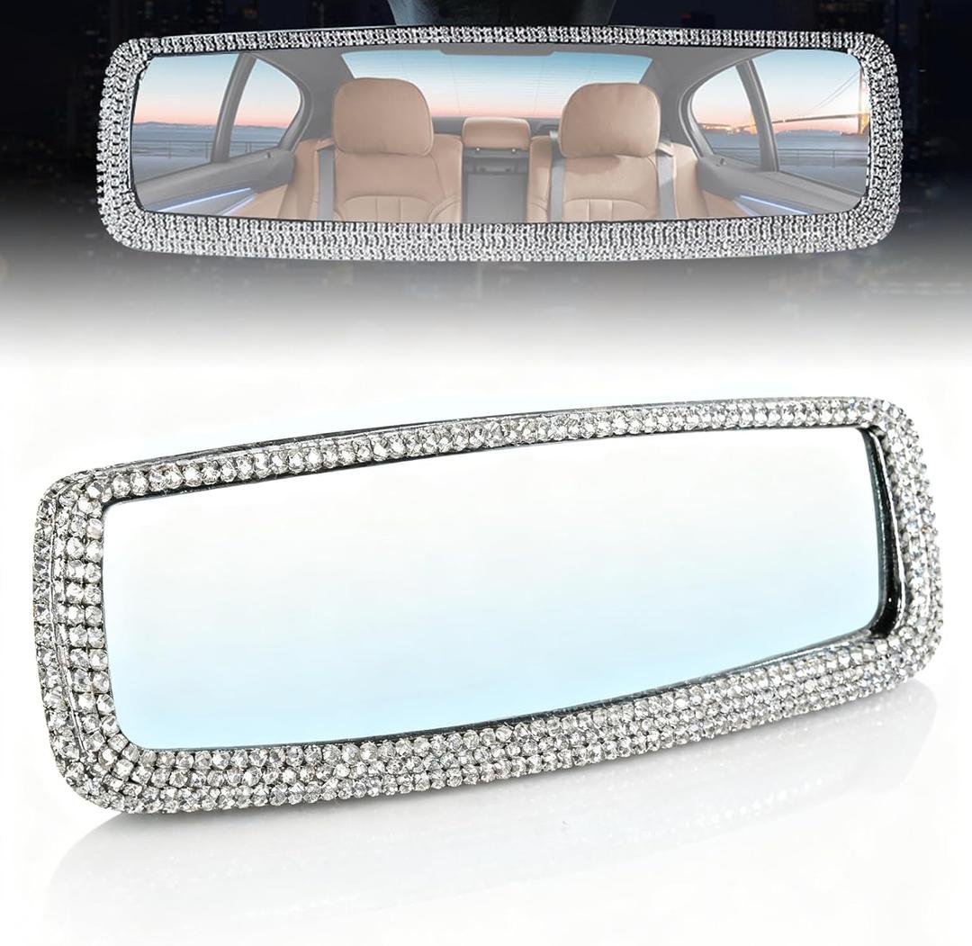 Bling Rhinestone Rearview Mirror, Car Interior Clip-on Rear View Accessories Decorations Panoramic Rear View Mirror with Bling Rhinestones Crystal Diamonds Edge for SUV, Truck (1 PC, Silver)