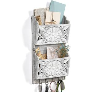 2-Slot Mail Organizer Wall Mount with 4 Hooks, Rustic Key and Mail Holder for Home Decorative, Wooden Key Hangers Wall File Organizer Letter Sorter for Letter Magazines (Larger)