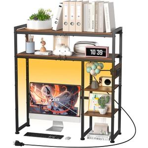 Aetheris Desktop Organizer Shelf, 30" Wooden Office Storage Rack with Outlets, Display Shelf Rack with Light Strip, 5 Tier Desktop Display Rac, Desk Shelf, Desk Hutch for Computer Monitor, Brown