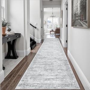 Soalmost Runner Rug 2'6" x 14' Washable Non-Slip Runner Rugs for Kitchen Bathroom Laundry Room Vintage Ultra Thin Runners for Hallway Entryway Grey