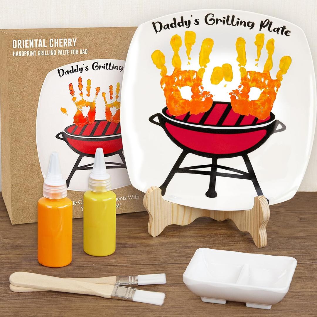 ORIENTAL CHERRY Father's Day Gifts - DIY Daddy's Grilling Plate with Handprint - Personalized Step Dad Gifts from Wife Kids - Funny BBQ Crafts Birthday Present Ideas for First Papa from Daughter Son