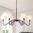 Modern Black 6-Light Chandelier, 39" Pendant Light with White Fabric Shade Adjustable Classic Chandelier Light Fixtures for Kitchen Island Dining & Living Room Entryway