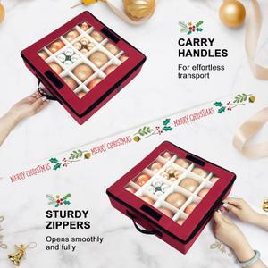 VERONLY Christmas Ball Ornaments Storage Box with Dividers -  Collapsible Xmas Decorations Organizer with 2 Handles and Lids for Holiday (Red)