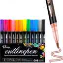 Dreamy Sparkle Dual-Line Contour Pen, Quick-Drying Double Line Outline Art Pen, 12 Colors Self-Outline Metallic Marker Drawing Pens