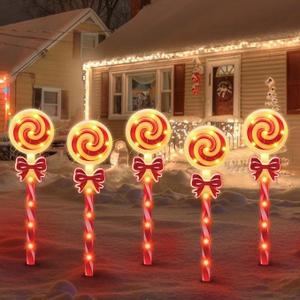 5 pcs  Christmas Lollipop Pathway Lights，5PCS Decorations Outdoor Yard, Pathway Marker Stake Lights for Patio Ground Path Sidewalk Walkway Driveway