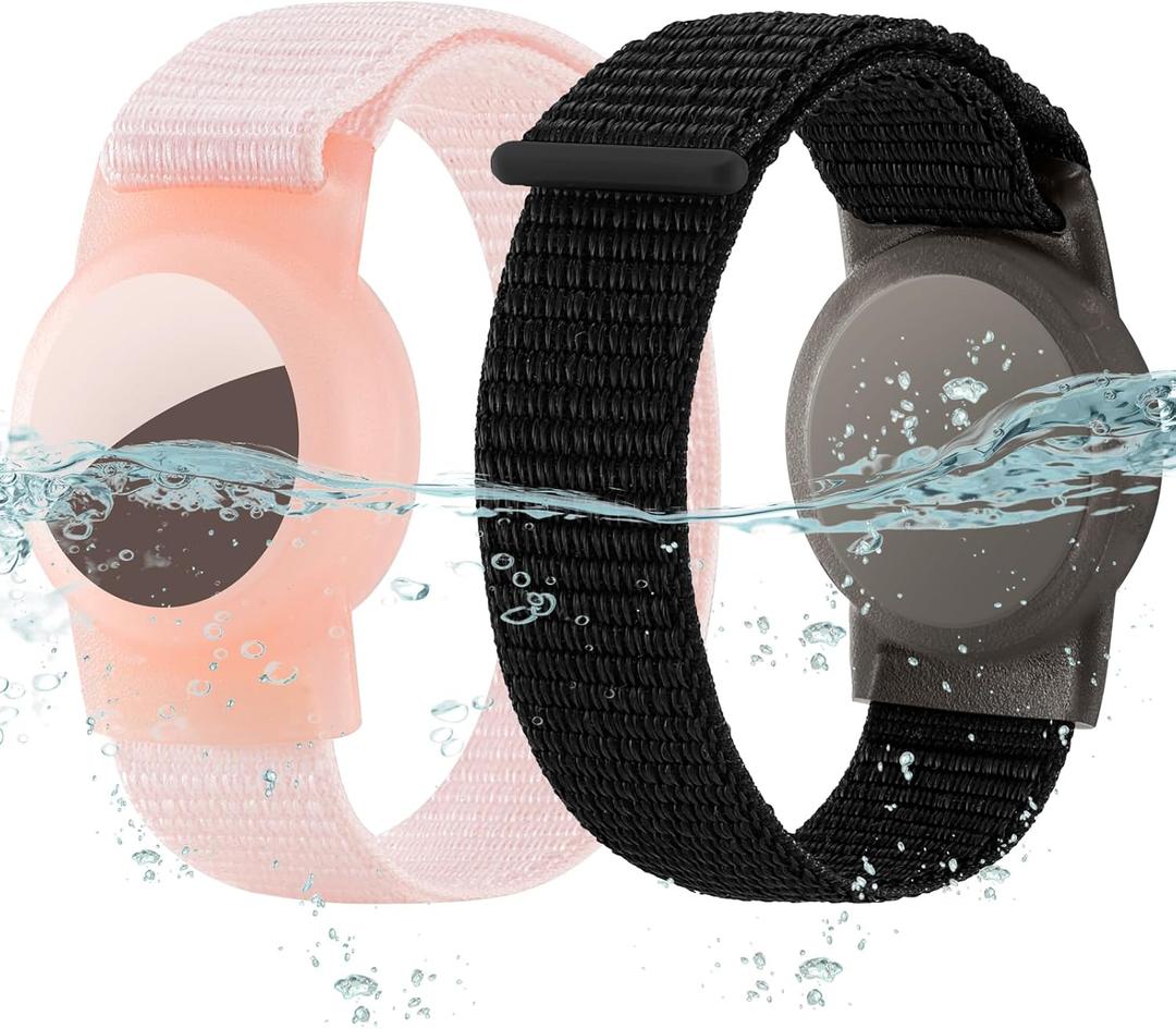 Waterproof Bracelet for Airtag (Gen 1 & 2) Kids 2 Pack, Soft Nylon Hidden Air Tag Wristband Full Cover Lightweight GPS Holder Compatible with Apple AirTag Band for Toddler Child (Black & Pink)