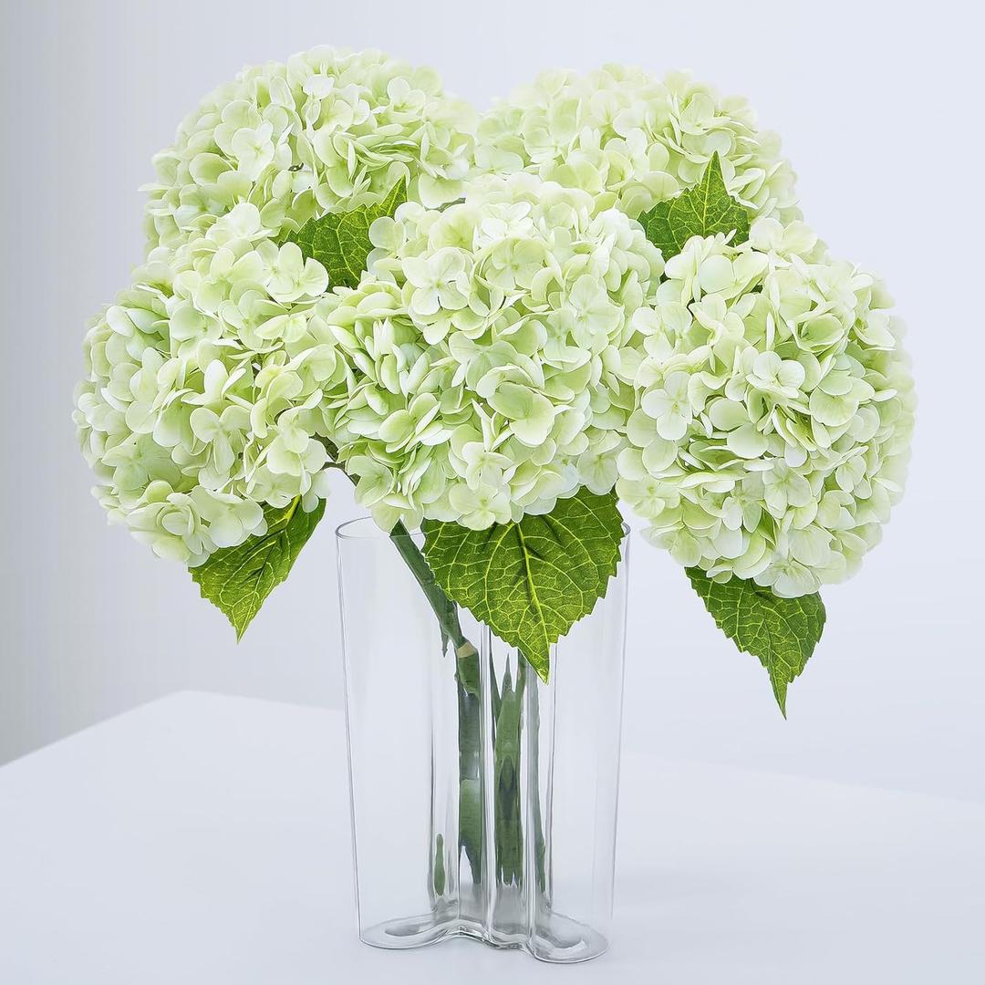 Waipfaru 4 Pcs 21" Real Touch Green Hydrangea Artificial Flowers with Long Stem & Leaves, Full Latex Faux Hydrangea Flowers for Home Decor Party Floral Arrangements Wedding Bouquets Centerpieces