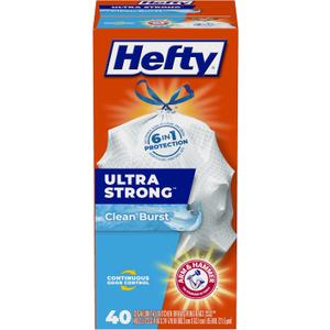 Hefty Ultra Strong 13 Gallon Trash Bags, Tall Kitchen Trash Bags 13 Gallon Size, Drawstring Closure, Continuous Odor Control, White, Clean Burst Scent, 40 Bags