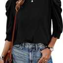 Tankaneo Womens 3/4 Length Sleeve Tops Dressy Casual Blouse Puff Sleeve Cute Trendy T Shirts with Smocked Cuffs (Black)