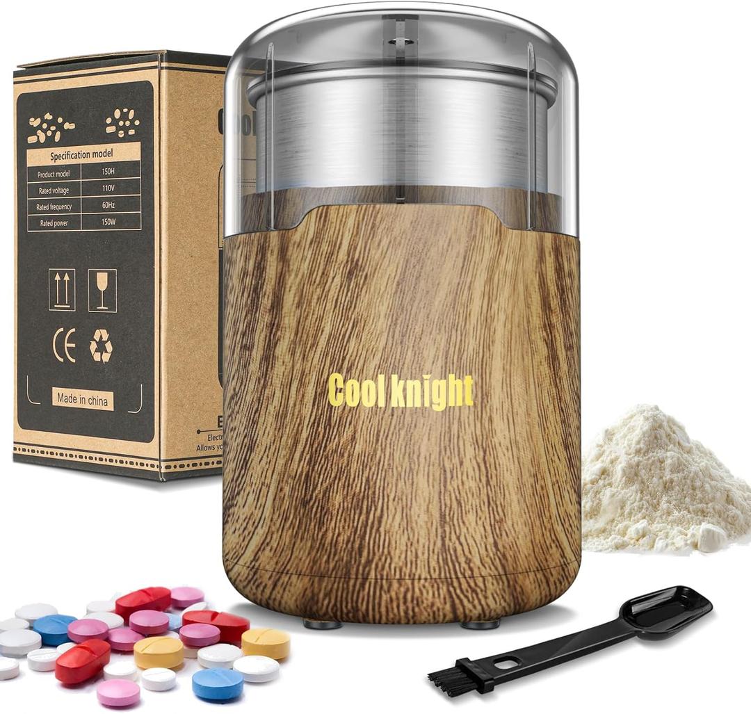 COOL KNIGHT Electric Pill Crusher, 150W Pill Grinder Suitable for Grinding and Crushing Various PillsSmall or Large Medicines and Vitamin Tablets to Fine Powder (Wood Grain)