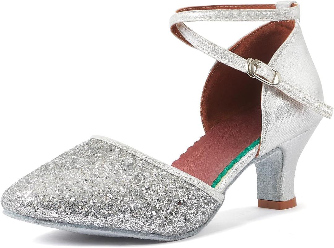 iCKER Womens Latin Dance Shoes Heeled Ballroom Salsa Tango Party Sequin Dance Shoes (8.5, Silver)