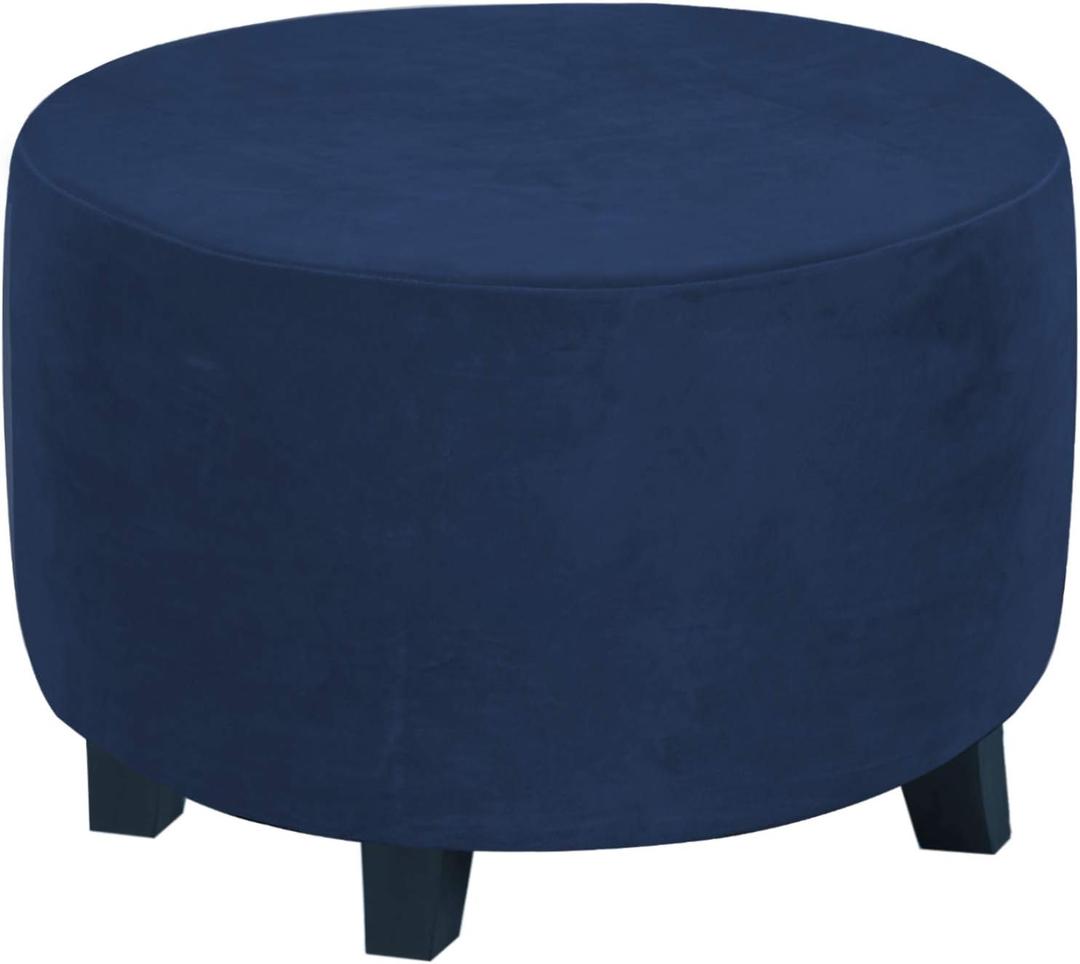 H.VERSAILTEX Round Ottoman Slipcover Ottoman Covers Slipcover Footstool Protector Covers Storage Stool Ottoman Covers Stretch with Elastic Bottom, Feature Real Velvet Plush Fabric (X-Large, Navy)