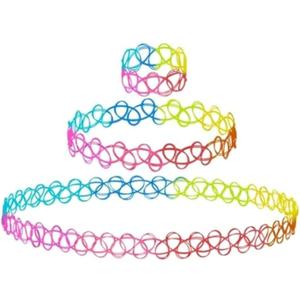 BodyJ4You 3PC Tattoo Choker Set Necklace Bracelet Ring - 90s Necklace 2000s Y2K Fashion Vintage - Stretchy Elastic Neck Lace Women's - Gothic Black Multicolor Rainbow - Classic Fashion Trend