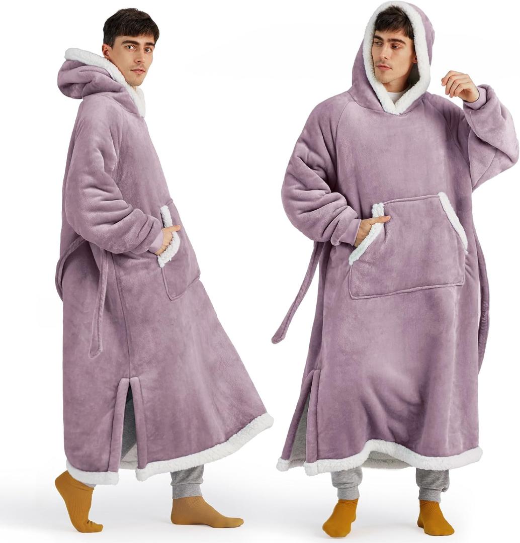 Bedsure Wearable Blanket Hoodie, Long Hooded Blanket Sweatshirt as Fathers Day Birthday Gifts for Dad Cozy Sherpa Hoodie for Adult, Oversize, Lavender