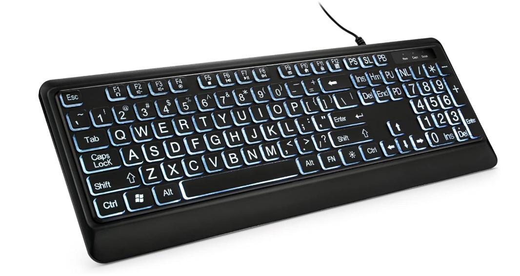 KOPJIPPOM Large Print Backlit Keyboard, USB Wired Computer Keyboard, Full Size Keyboard with White Illuminated LED Compatible for Windows Desktop, Laptop, PC, Gaming, Black