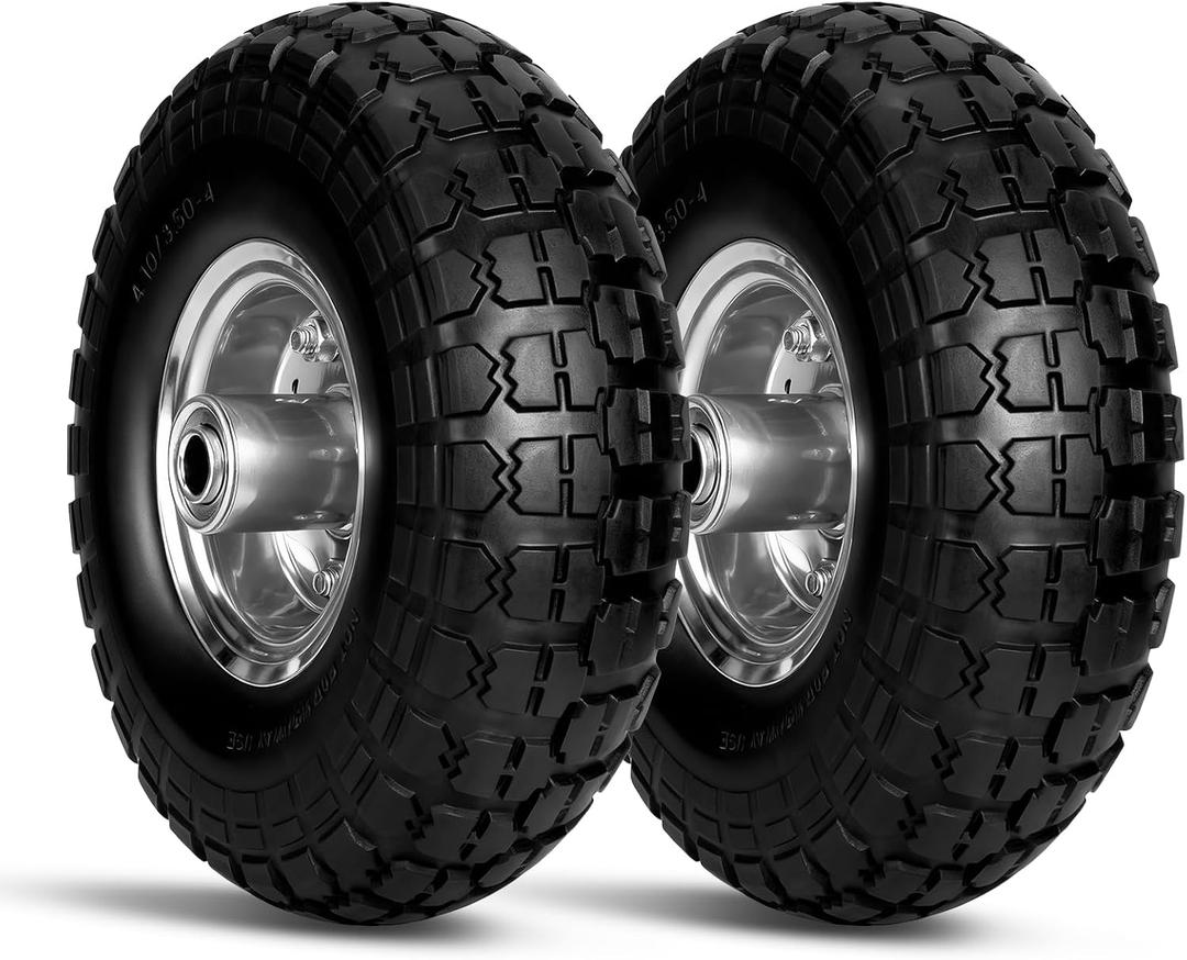 4.10/3.50-4 Tire Wheels Flat Free, 10 inch Solid Rubber Tire Wheels with 5/8'' Double Sealed Bearings, 2.2" Offset Hub, Perfect for Hand Truck Dolly Garden Trailer Gorilla Carts, 2 PACK